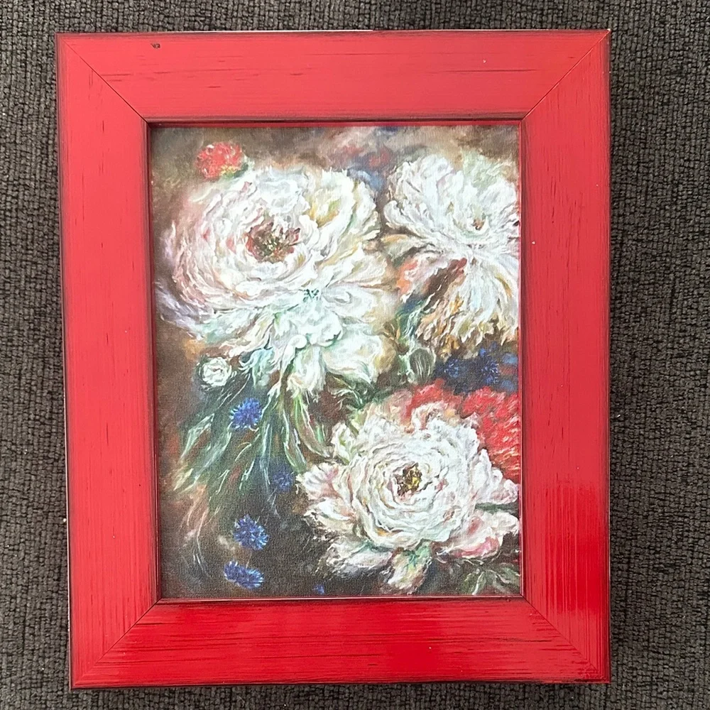 Red Framed Floral Art Print shadow box - comes with hanging kit